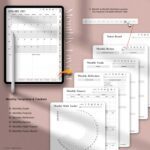 Monthly productivity templates in the 2025 AI planner including goal setting, vision boards, reflections, reviews, and tracker pages