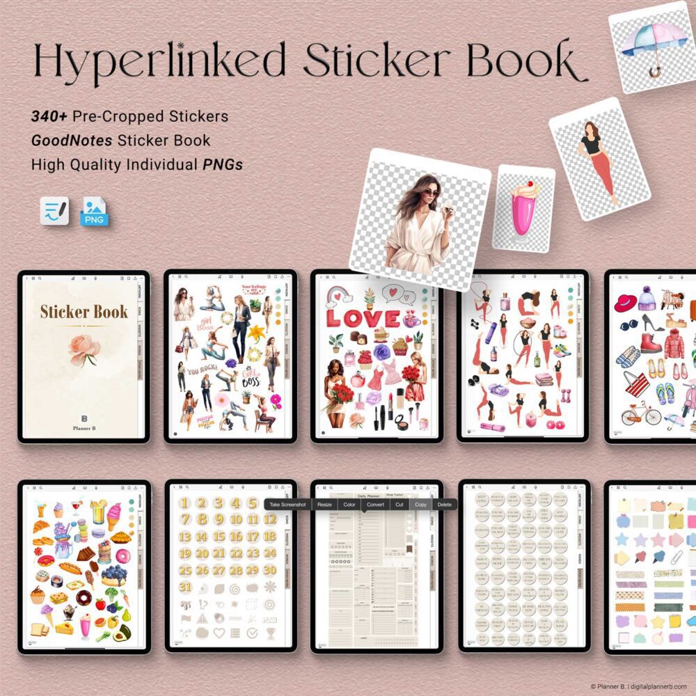 350+ digital planner stickers in GoodNotes and PNG format included with the 2025 AI planner for customization, icons, and decoration