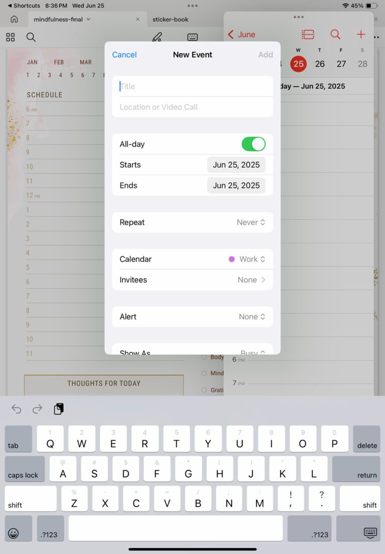 Apple Calendar event creation screen triggered from digital planner shortcut on iPad