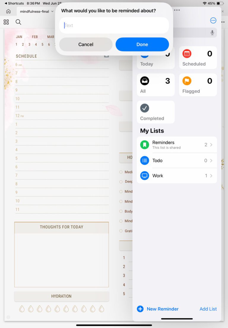 Reminder creation popup in Apple Reminders launched from digital planner integration