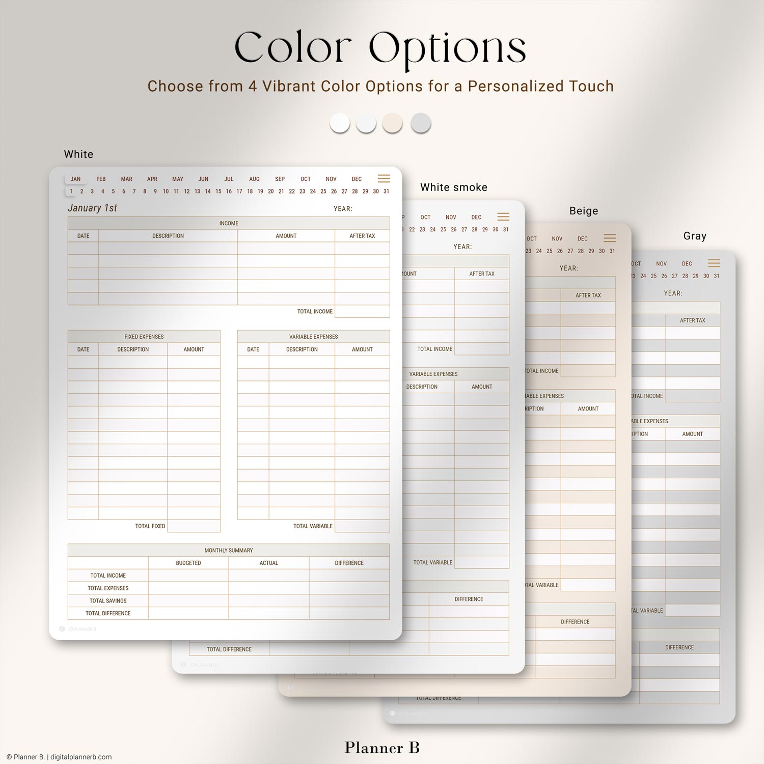 Daily Budget Planner color variations - White, White Smoke, Beige, Gray