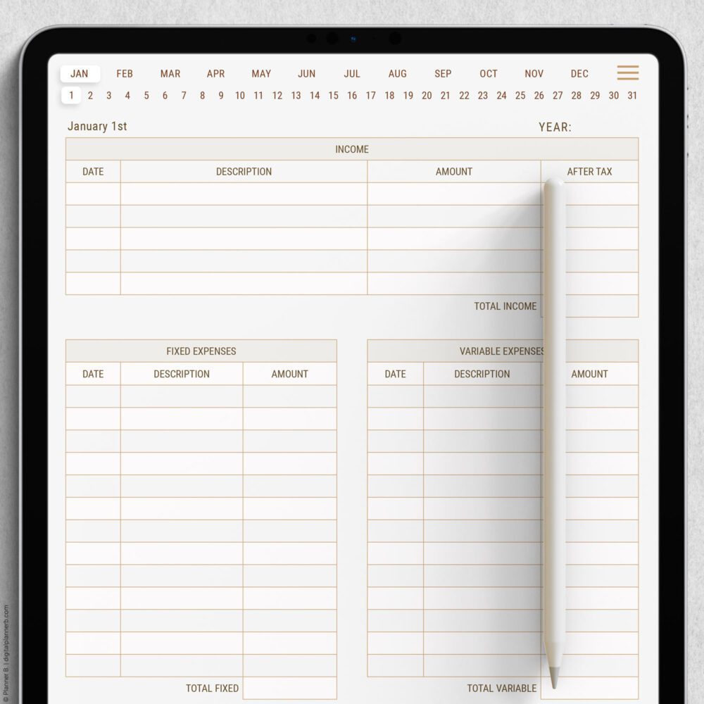 Daily Budget Planner navigation header with clickable links
