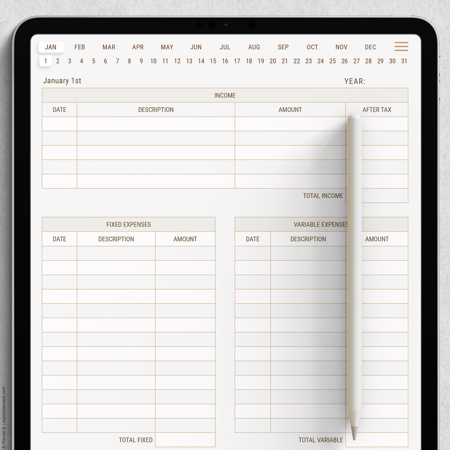 Daily Budget Planner navigation header with clickable links