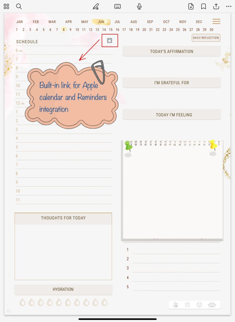 Stylish digital planner layout with built-in Apple Shortcut link for calendar and reminders