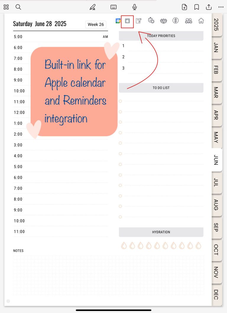 Digital planner page showing Apple Calendar and Reminders integration built-in link