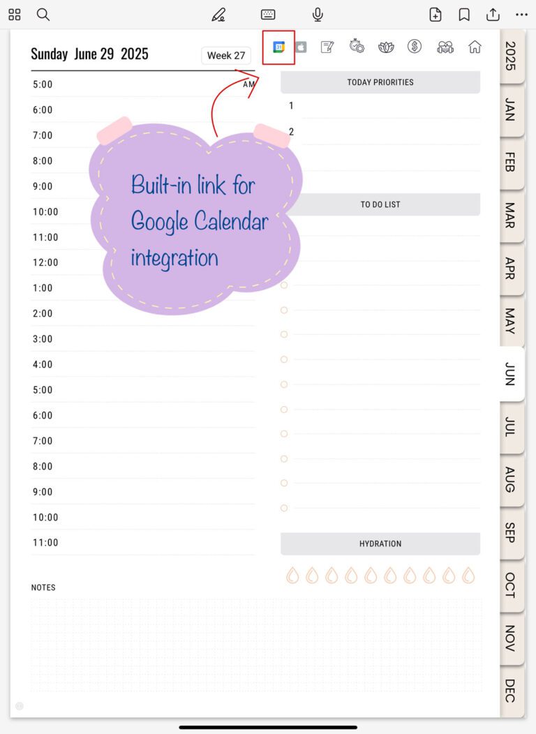 Built-in Google Calendar link in a 2025 digital planner daily page for seamless scheduling