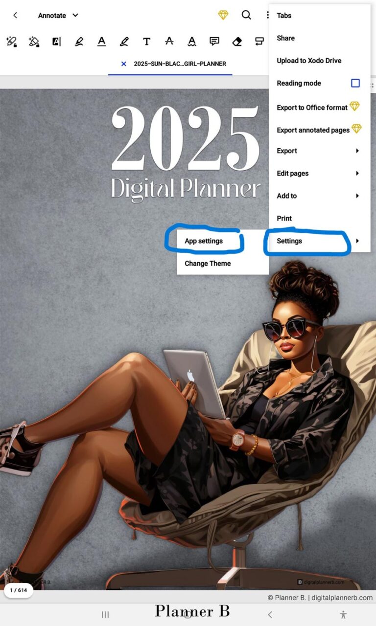 Viewing the main settings panel in Xodo app for digital planner setup on Android