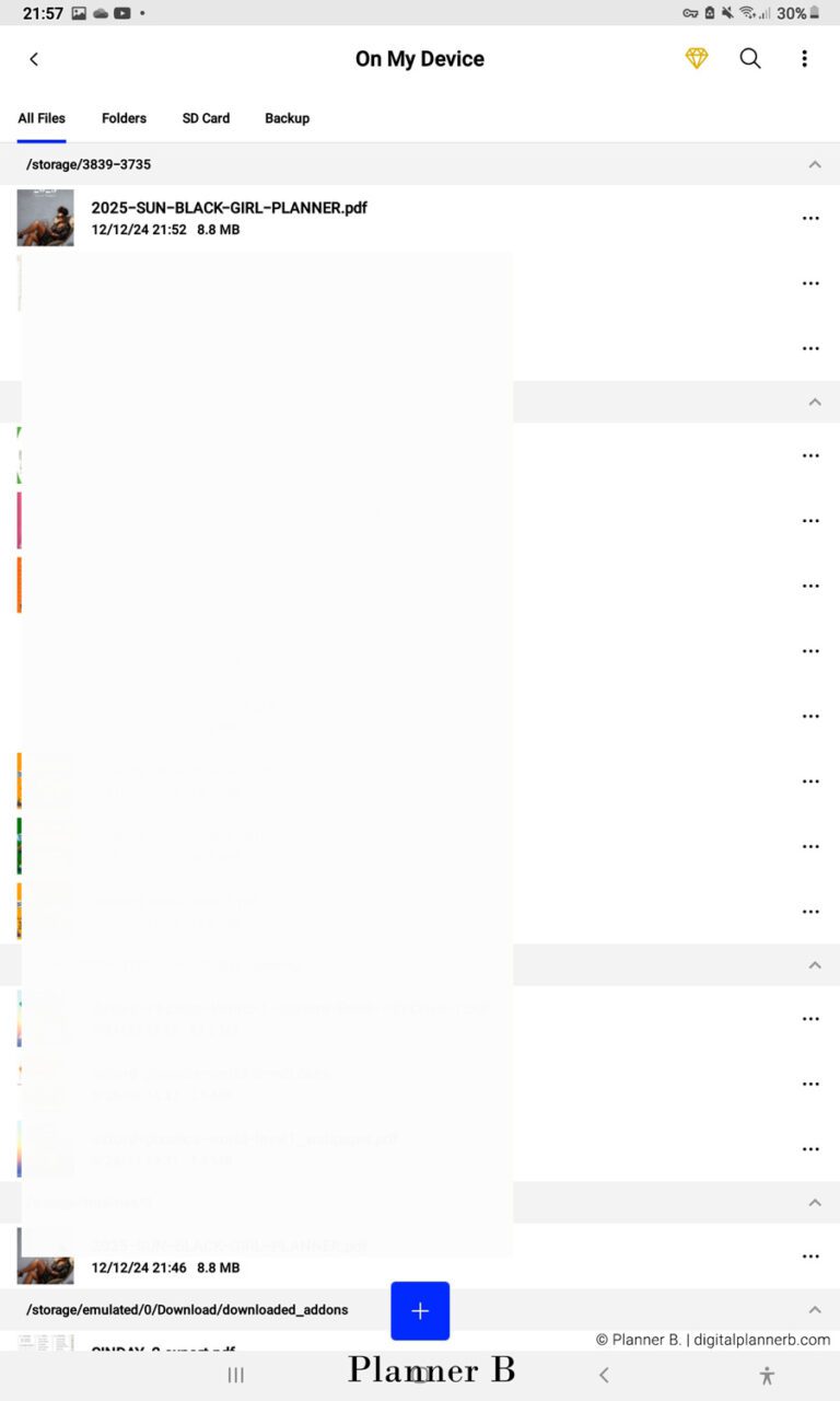 Selecting the digital planner PDF file to open in Xodo on Android