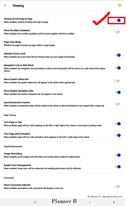 Enabling vertical scroll snap to page for better navigation in digital planners in Xodo