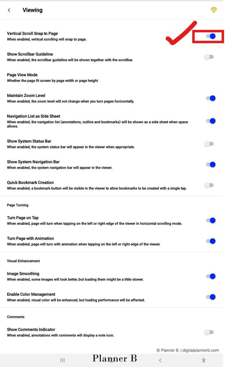 Enabling vertical scroll snap to page for better navigation in digital planners in Xodo