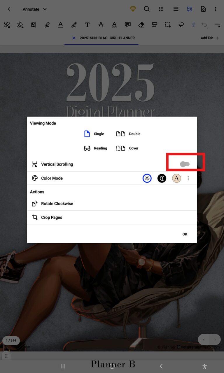 Vertical scrolling turned off in Xodo viewing mode while using a digital planner