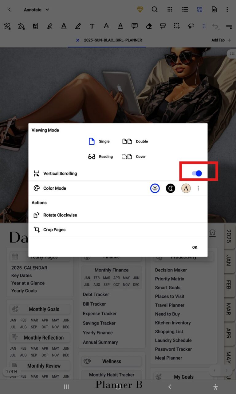 Vertical scrolling enabled in Xodo to view digital planner pages on Android smoothly