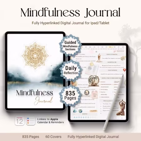 Digital mindfulness journal 835-page including habit trackers, reflection pages, 75+ trackers and Apple Calendar integration