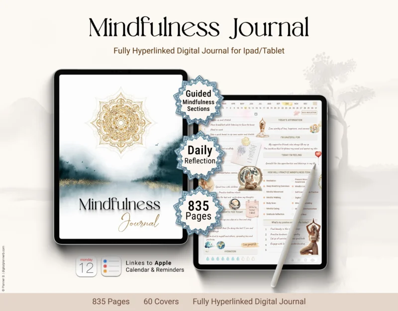 Digital mindfulness journal 835-page including habit trackers, reflection pages, 75+ trackers and Apple Calendar integration
