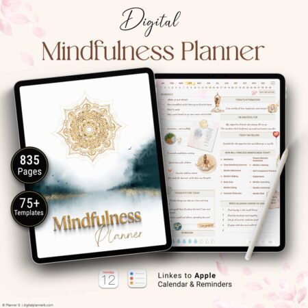 Digital mindfulness planner 835-page including habit trackers, reflection pages, 75+ trackers and Apple Calendar integration