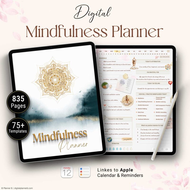 Digital mindfulness planner 835-page including habit trackers, reflection pages, 75+ trackers and Apple Calendar integration