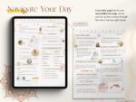 Daily page layout in mindfulness planner with gratitude prompts, affirmations, mindfulness practice log, and daily reflection page