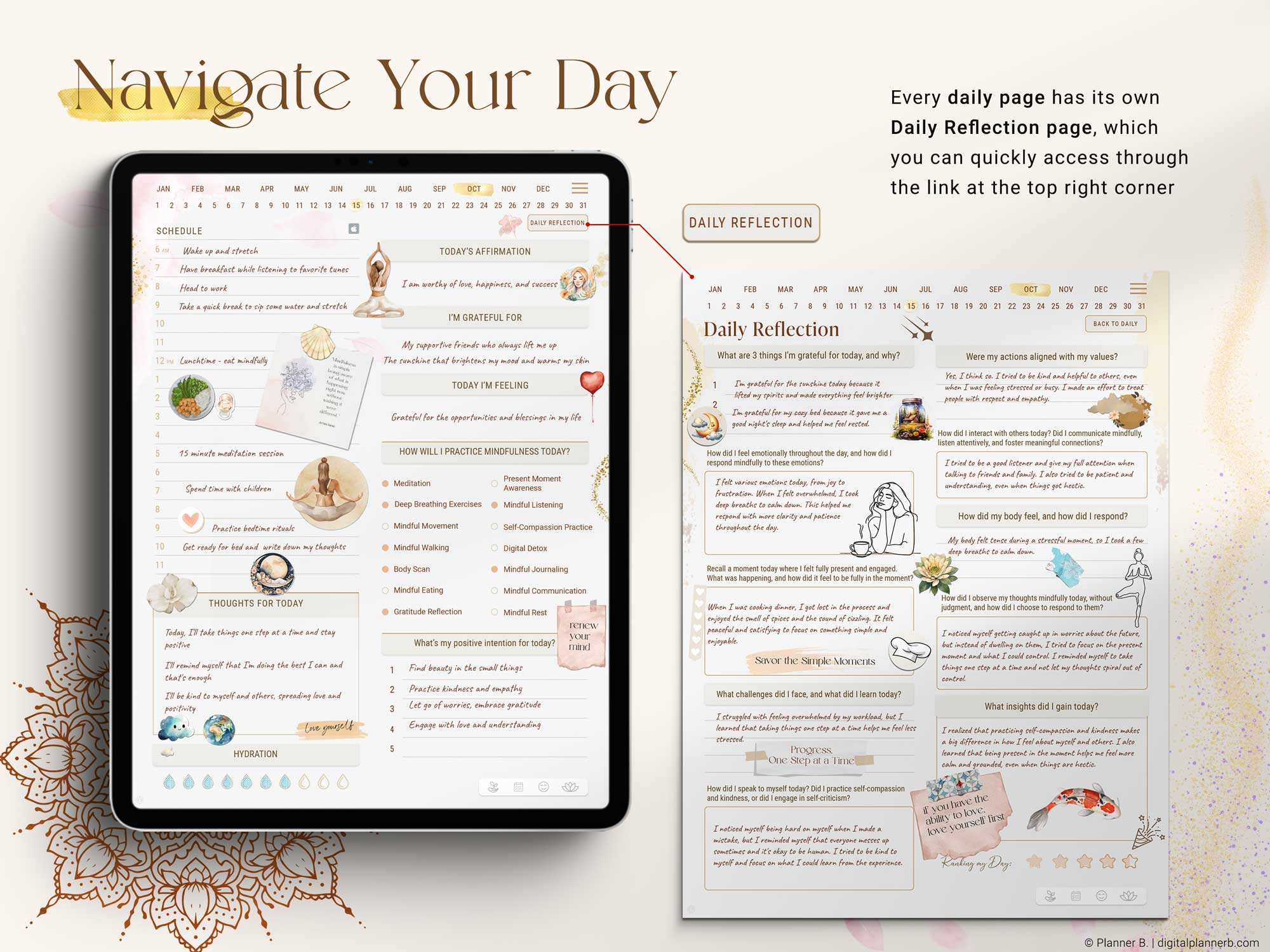 Daily page layout in mindfulness planner with gratitude prompts, affirmations, mindfulness practice log, and daily reflection page