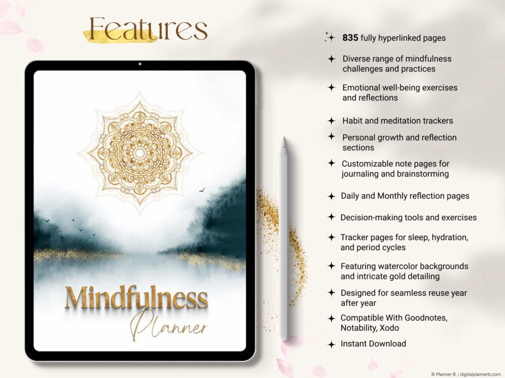 Features of the 835-page digital mindfulness planner including habit trackers, reflection pages, and Apple Calendar integration