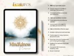 Features of the 835-page digital mindfulness planner including habit trackers, reflection pages, and Apple Calendar integration