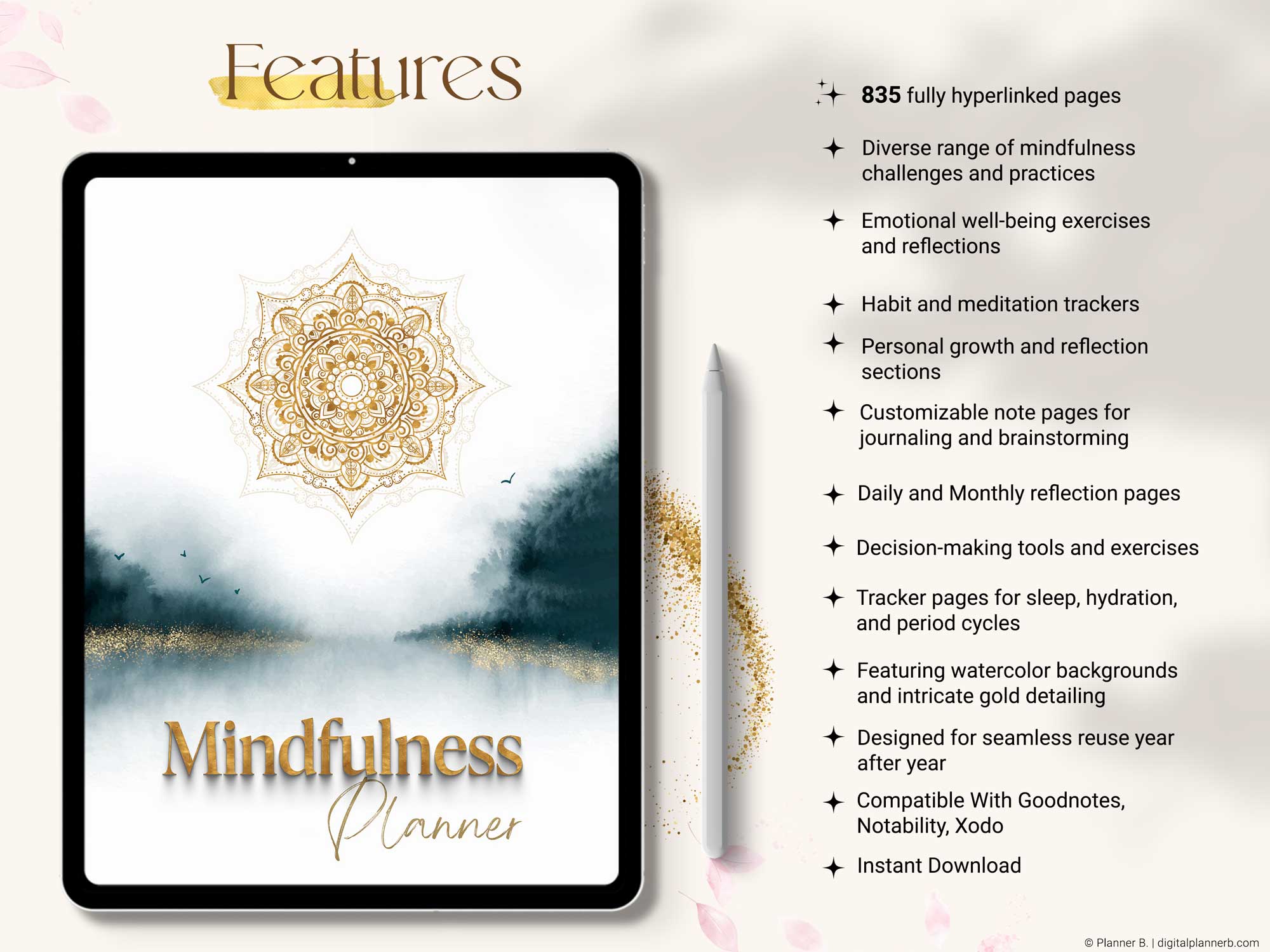Features of the 835-page digital mindfulness planner including habit trackers, reflection pages, and Apple Calendar integration
