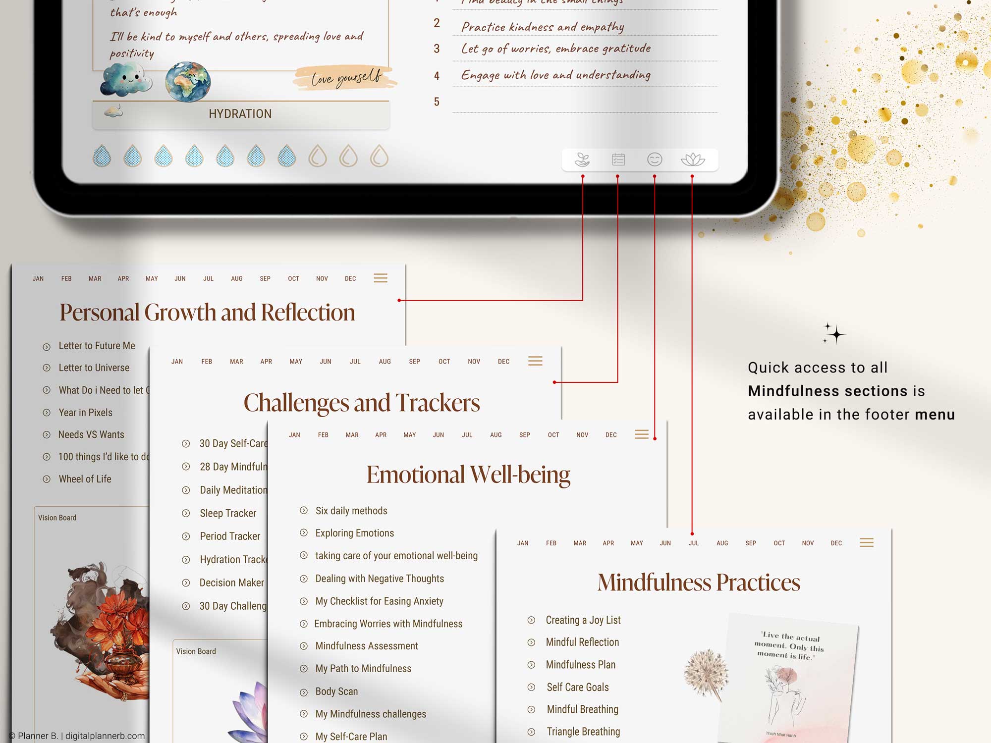 Footer menu to all included templates in digital mindfulness planner covering emotional wellness, mindfulness, reflection, personal growth and habit tracking