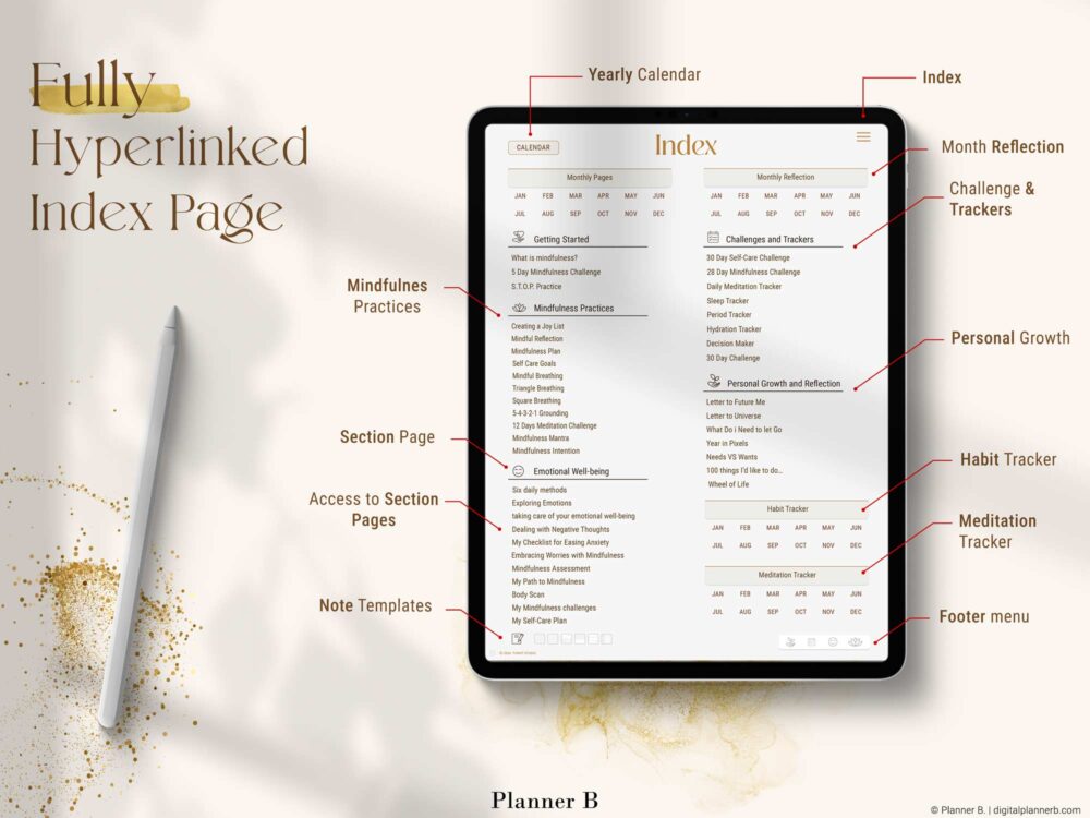 Fully hyperlinked index of digital mindfulness planner with categorized sections for fast navigation