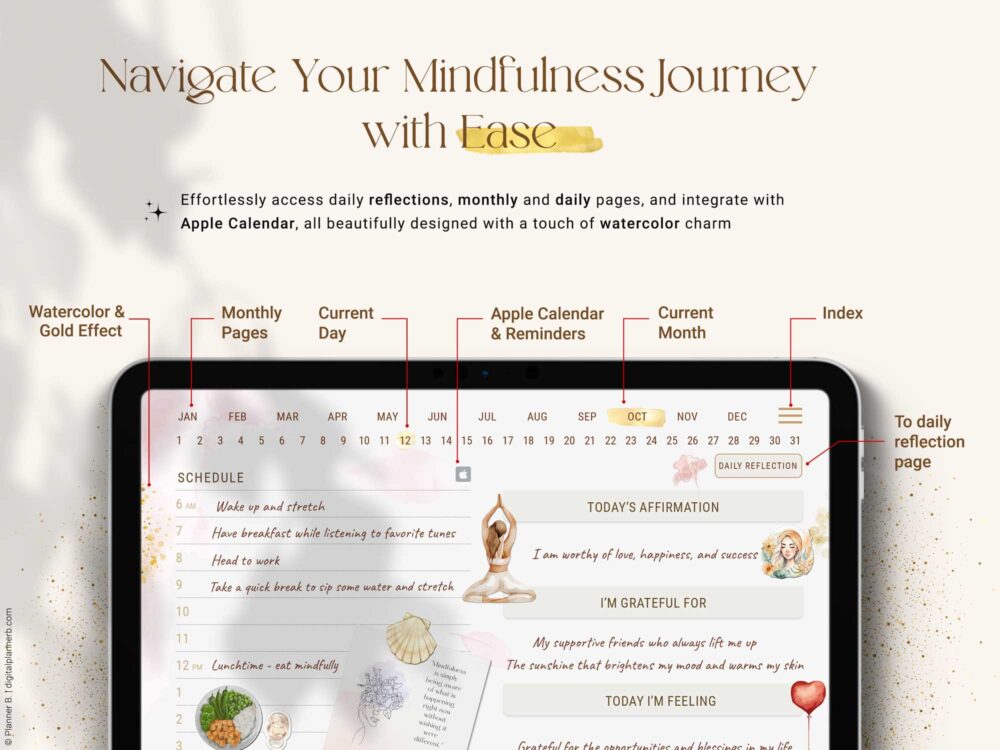 Navigation preview of digital mindfulness planner with Apple Calendar and Reminders link, monthly tabs, and index