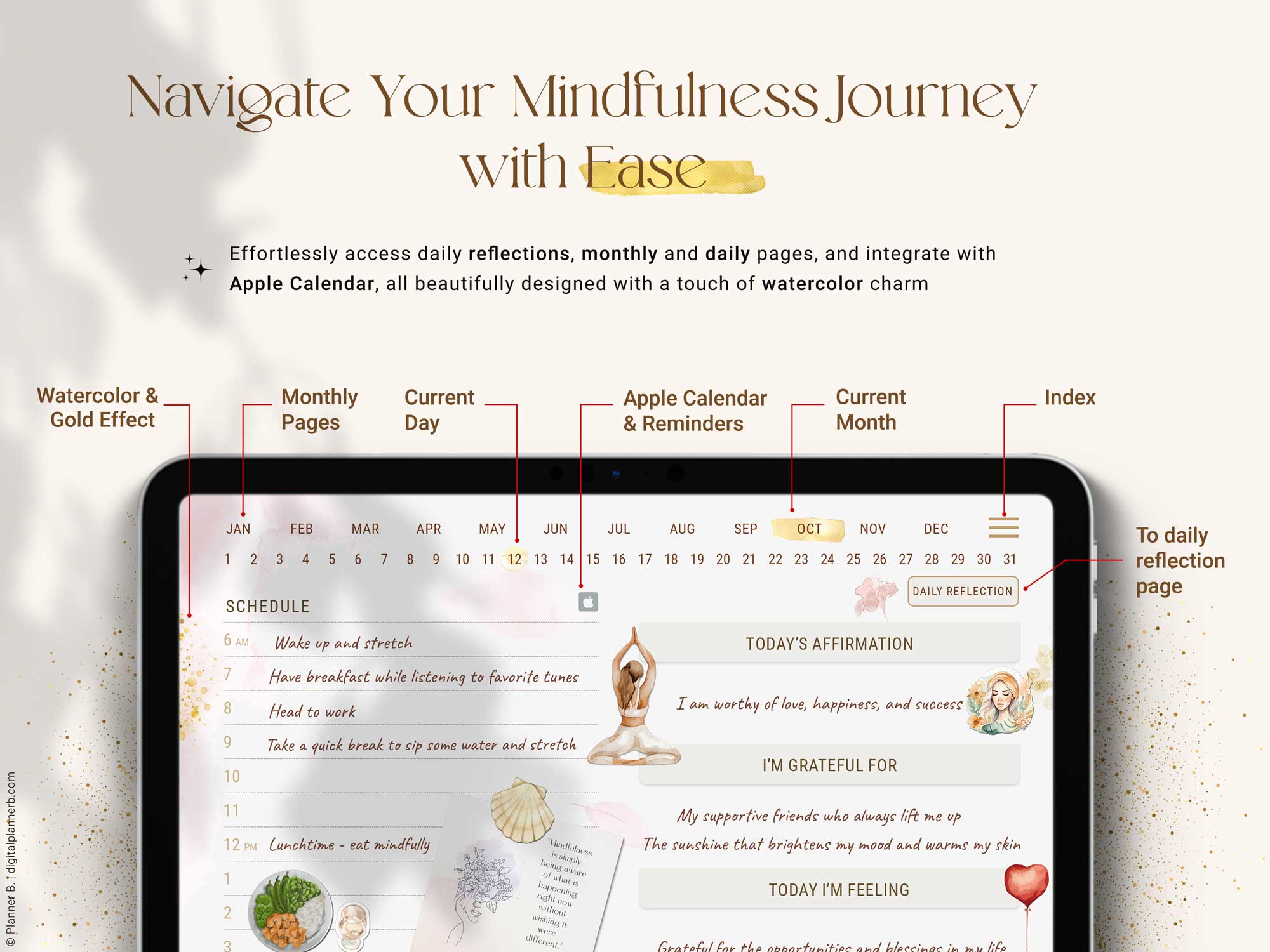 Navigation preview of digital mindfulness planner with Apple Calendar and Reminders link, monthly tabs, and index