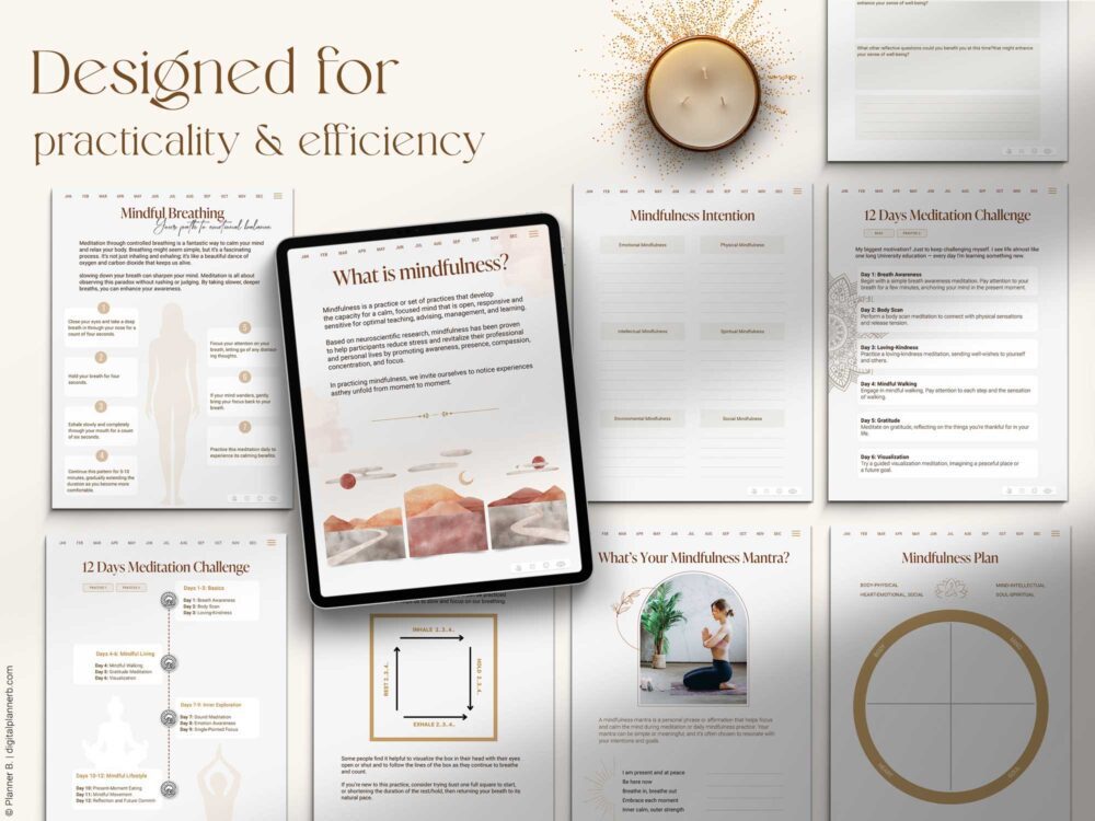 Mindfulness planner templates for breathing, 12-day meditation, intentions, and guided journaling