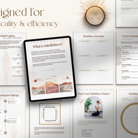 Mindfulness planner templates for breathing, 12-day meditation, intentions, and guided journaling