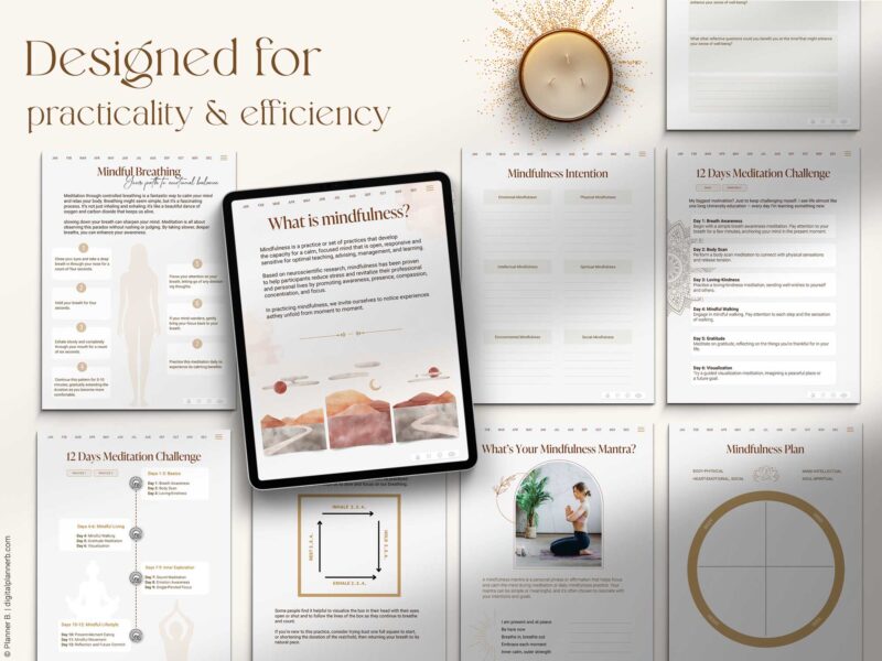 Mindfulness planner templates for breathing, 12-day meditation, intentions, and guided journaling