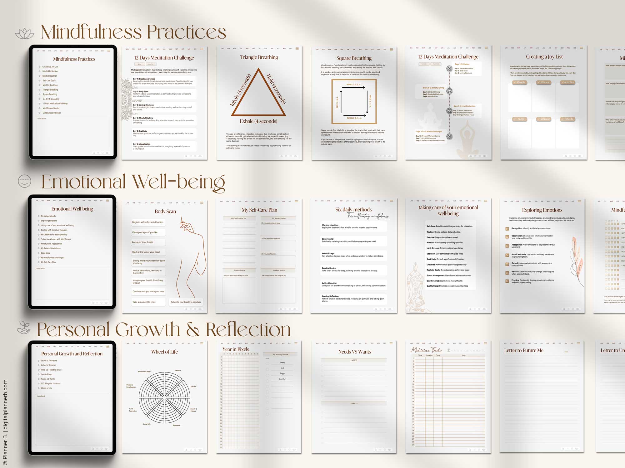 Section overview of mindfulness planner showing personal growth, emotional well-being, and tracker templates