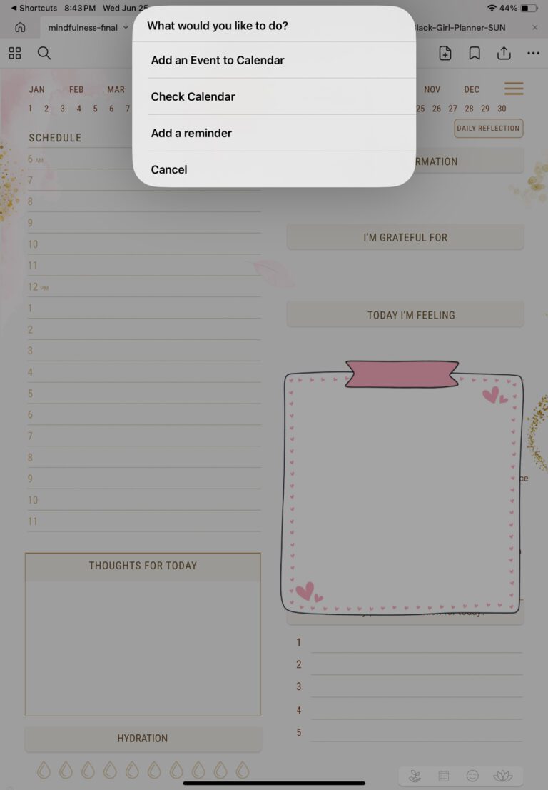 Apple Shortcut popup menu showing options to add event, reminder, or view calendar in digital planner