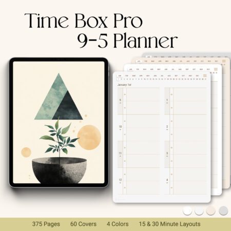 Timebox Pro Digital Planner for iPad — 9 to 5 planner with 15-minute and 30-minute layouts, 375 hyperlinked pages, 60 aesthetic digital covers, 4 color styles — compatible with GoodNotes, Notability, Xodo and other PDF apps.