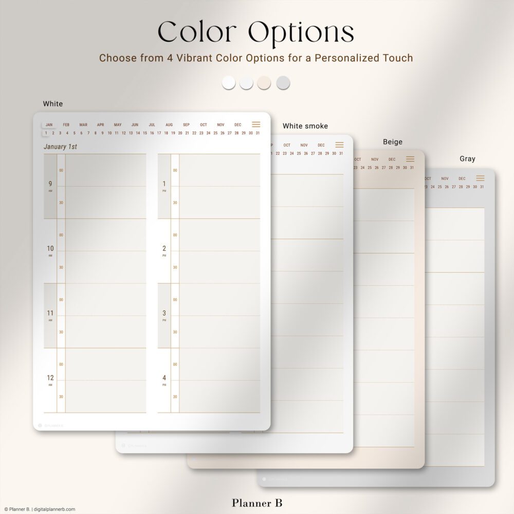 Timebox Pro Digital Planner color variations — White, White Smoke, Beige, Gray — for iPad and GoodNotes