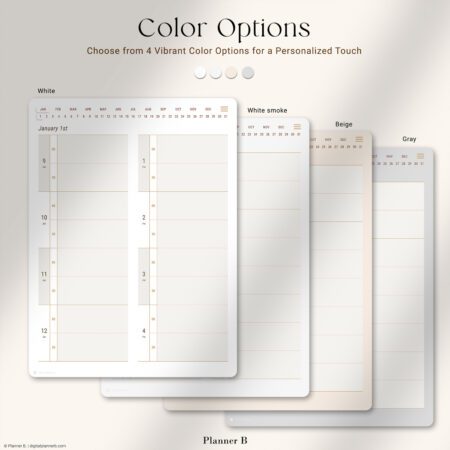 Timebox Pro Digital Planner color variations — White, White Smoke, Beige, Gray — for iPad and GoodNotes
