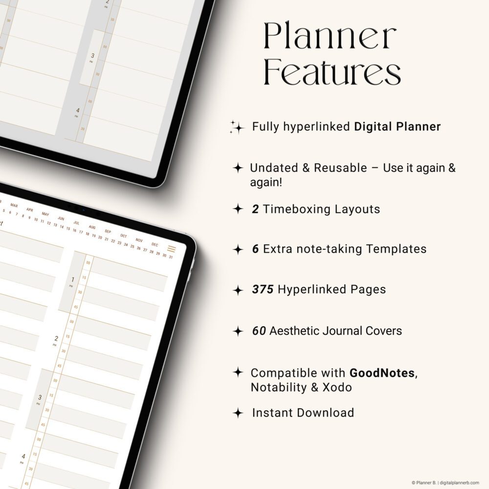 Timebox Pro Digital Planner features overview — 15-minute and 30-minute layouts, hyperlinked pages for iPad