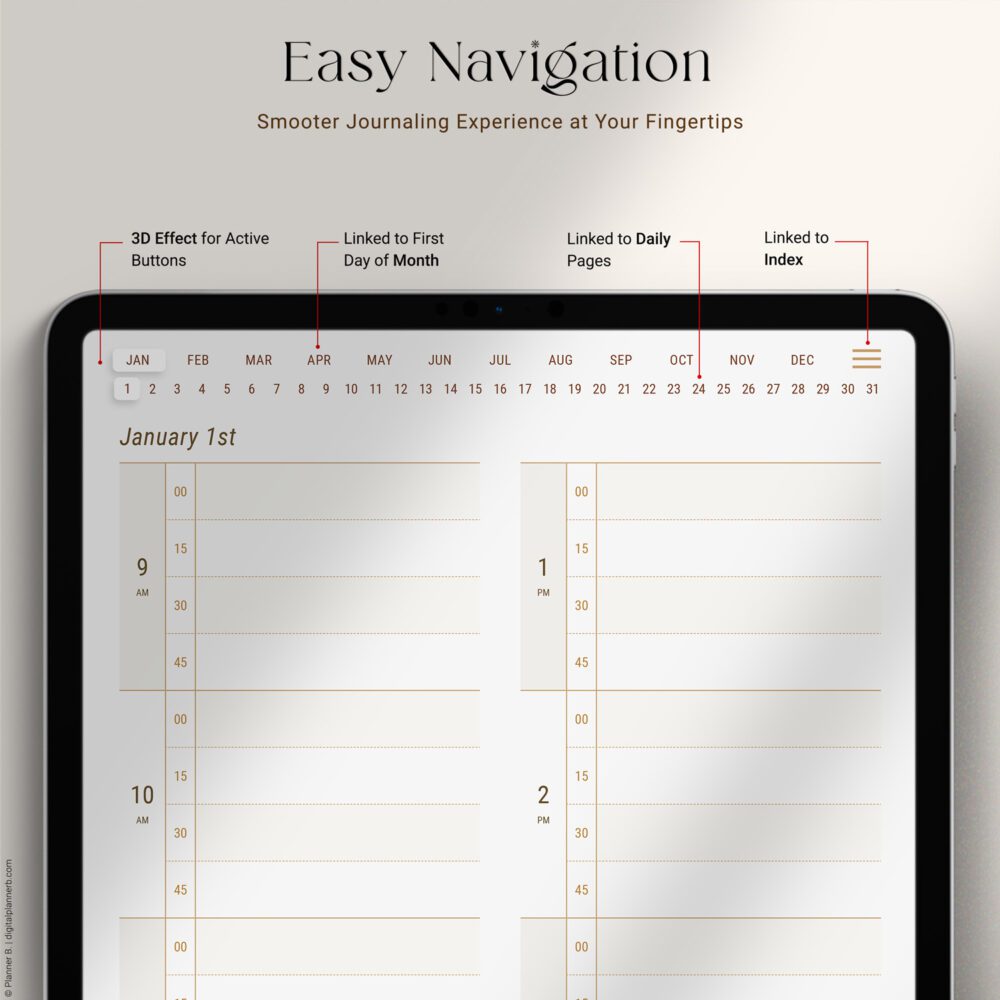 Timebox Pro Digital Planner navigation header with clickable tabs for iPad and GoodNotes