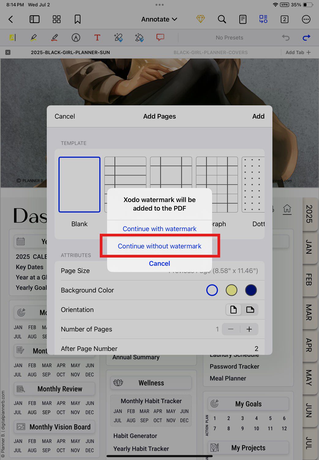 adding page in Xodo on Android needs premium access and with free version it watermarks all pages of the document