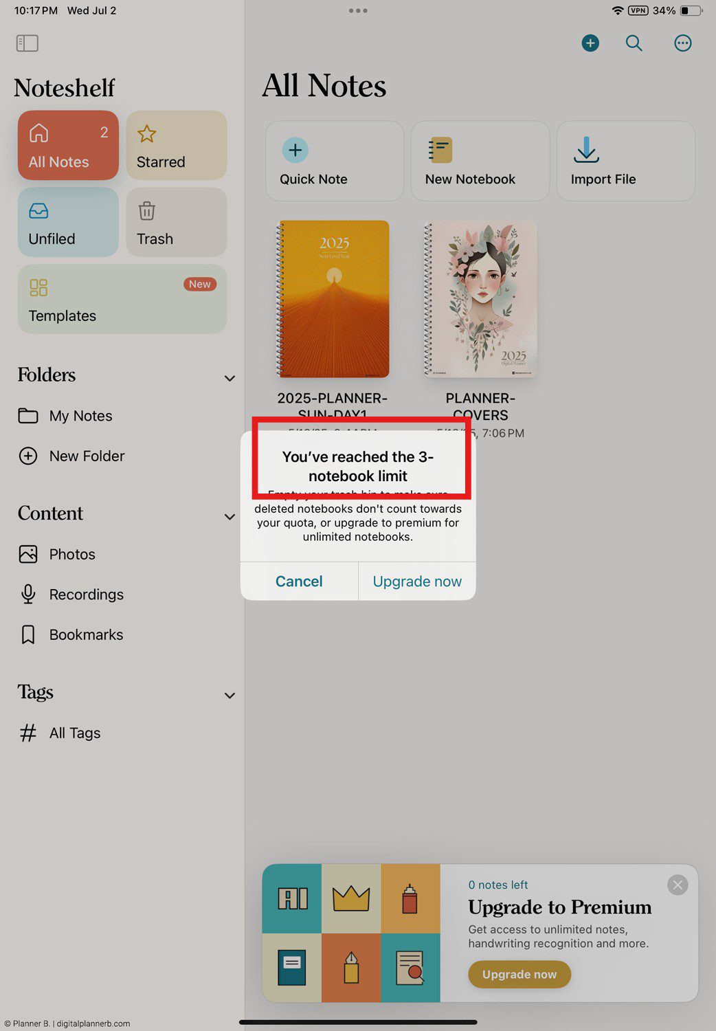 Noteshelf has limits on number of documents you can import in free version and you need to upgrade to use the features unlimited on Android
