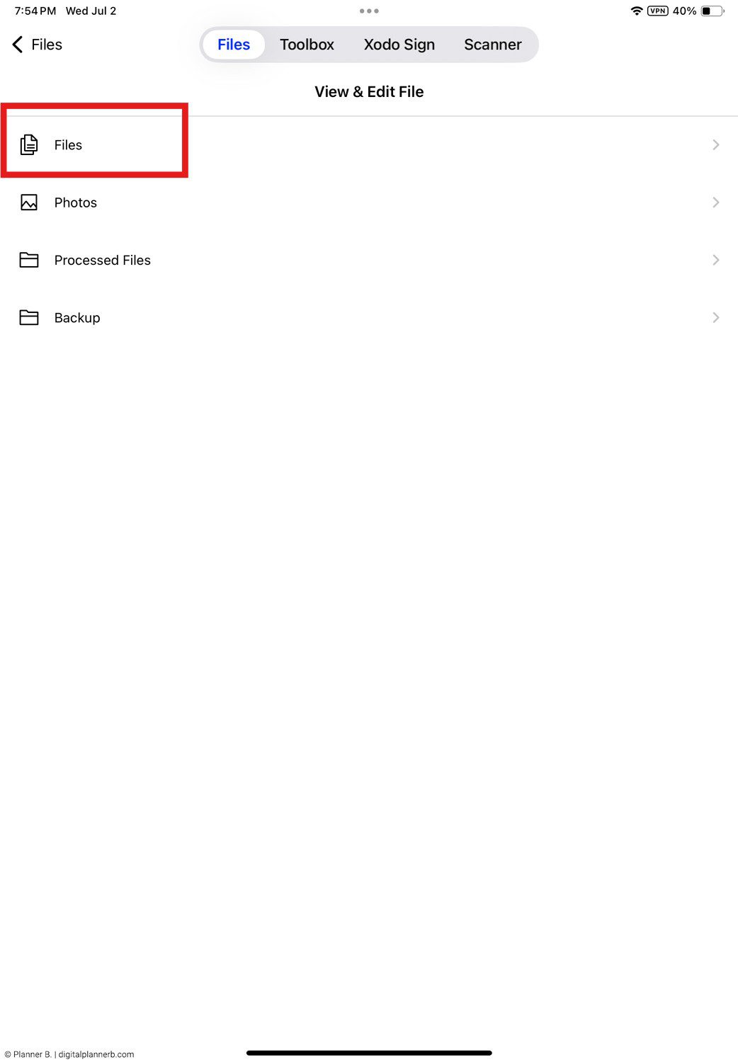 choose file option to open a file or document in Xodo to start annotating on Android
