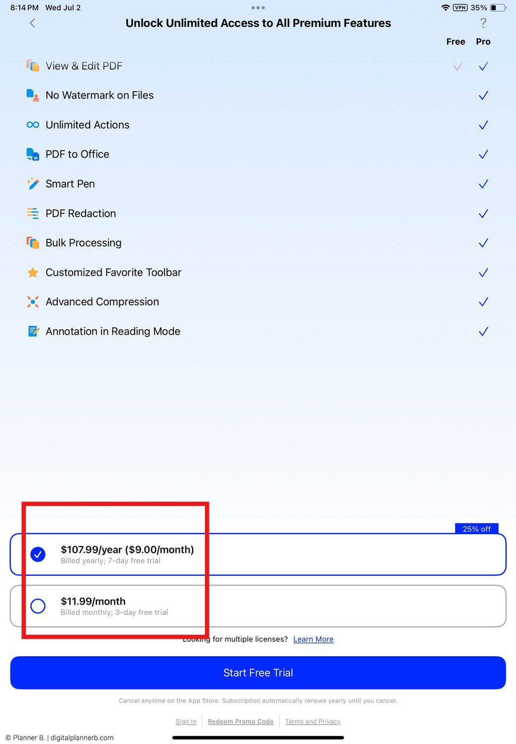 Xodo on Android is free to install but for unlimited access you need to purchase their monthly or annually program