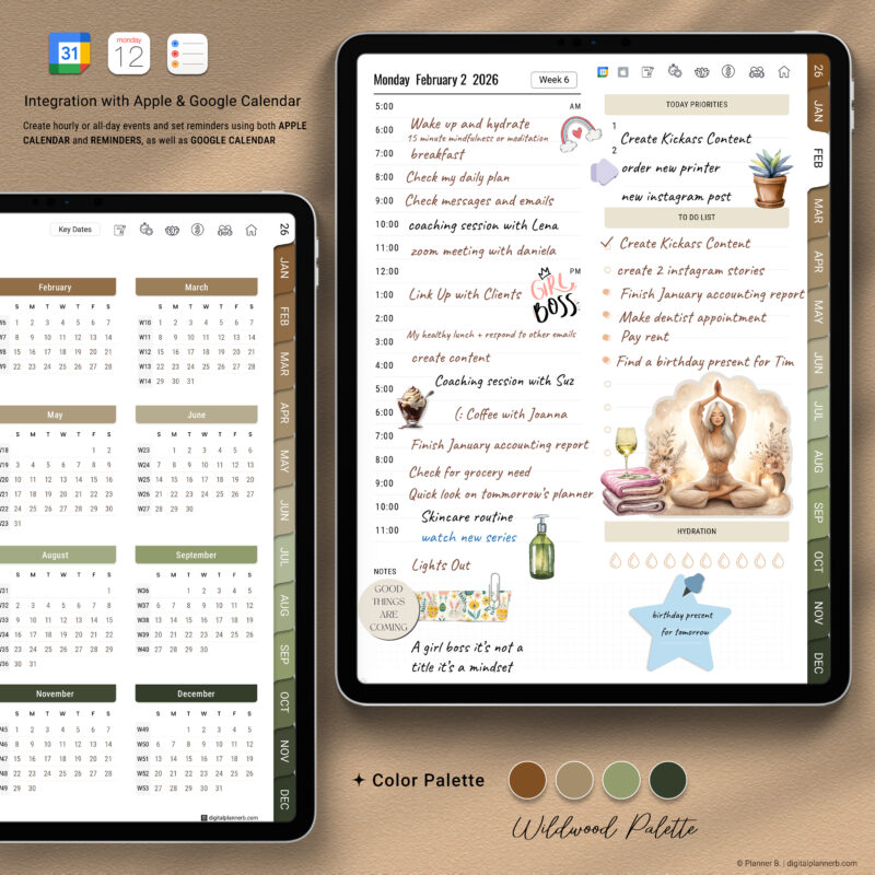 Digital planner with Apple Calendar and Google Calendar integration for event scheduling, reminders, and date-linked planning pages.