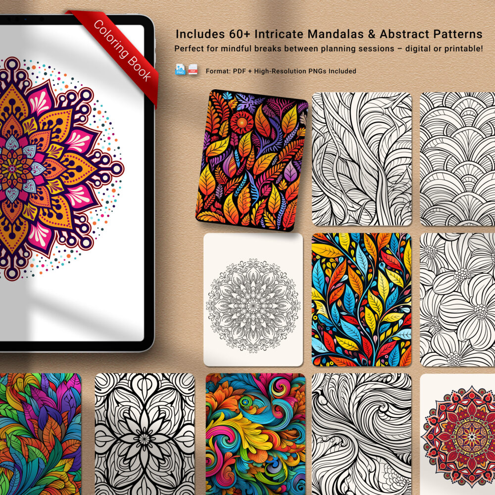 iPad displaying intricate mandala and abstract coloring pages included in the digital planner bundle for mindfulness and creativity.