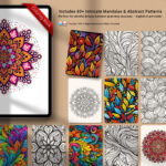 iPad displaying intricate mandala and abstract coloring pages included in the digital planner bundle for mindfulness and creativity.