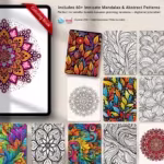 Digital planner coloring book preview showing intricate mandalas and abstract patterns in both black-and-white and colored versions, designed for mindful breaks and compatible with iPad and Goodnotes.