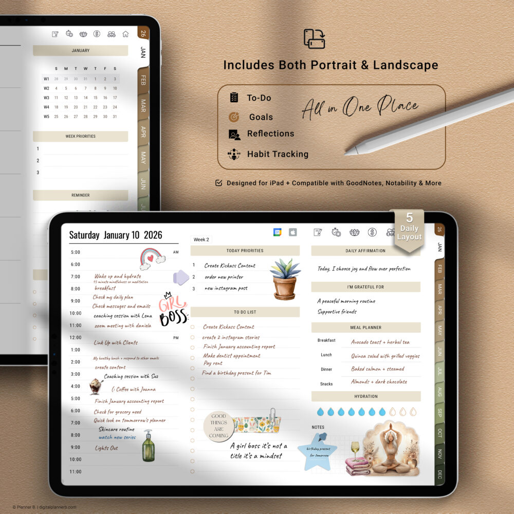 Digital planner showing portrait and landscape templates with habit tracking, goal setting, reflections, and to-do list sections.