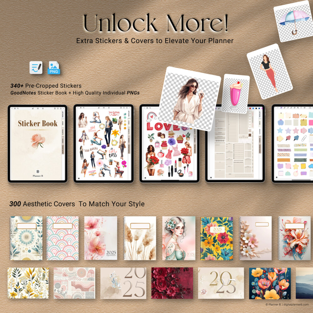 Digital sticker book with over 350 pre-cropped stickers and 300 aesthetic planner covers included in the planner bundle.