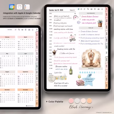 iPad digital planner showing a full daily schedule and yearly calendar, with Goodnotes-compatible layouts, blush color palette and Apple and Google Calendar integration.